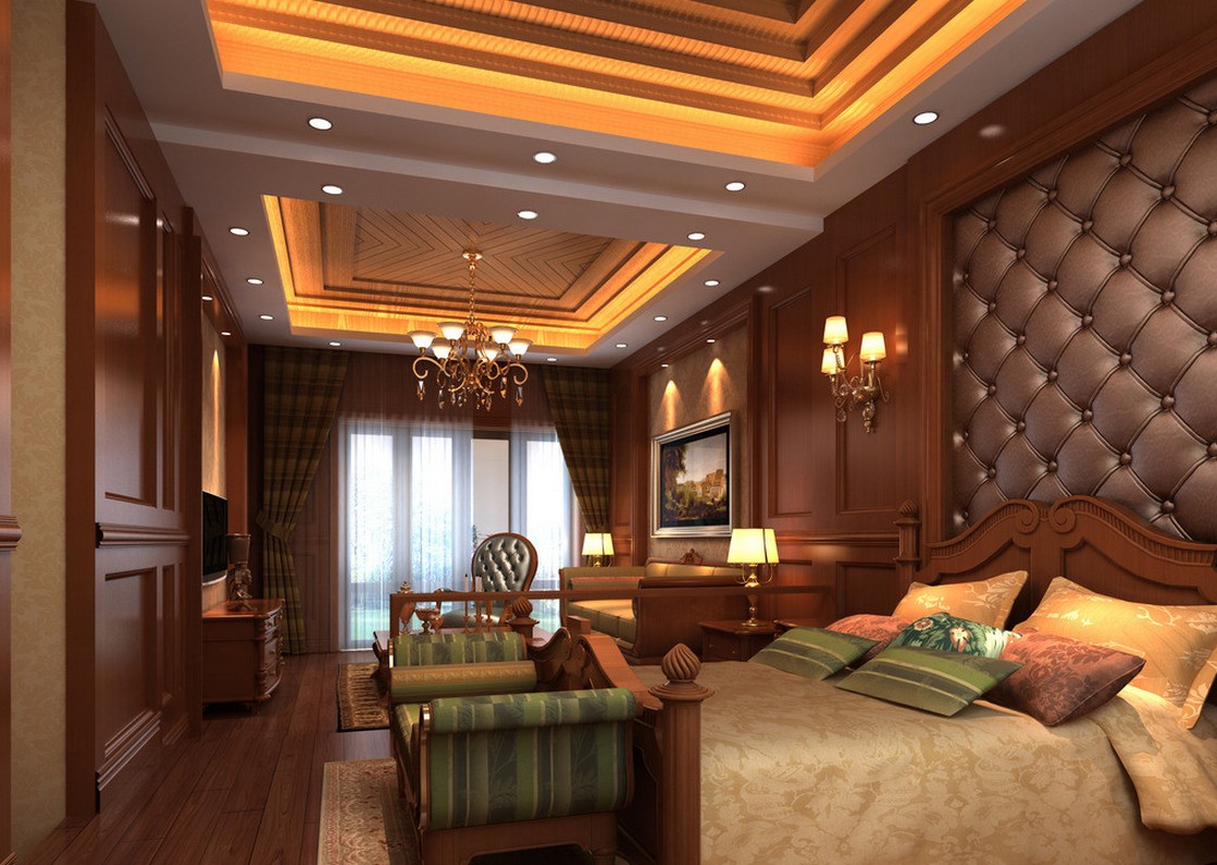 luxuoso quarto com a decoração toda em madeira